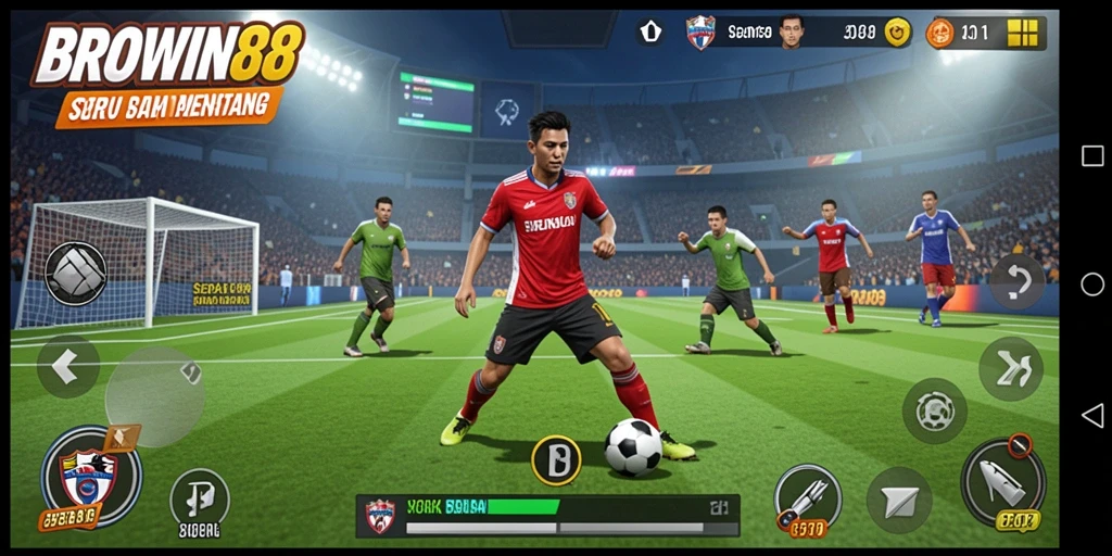 Screenshot utama BROWIN88 menampilkan aksi seru di lapangan sepak bola.