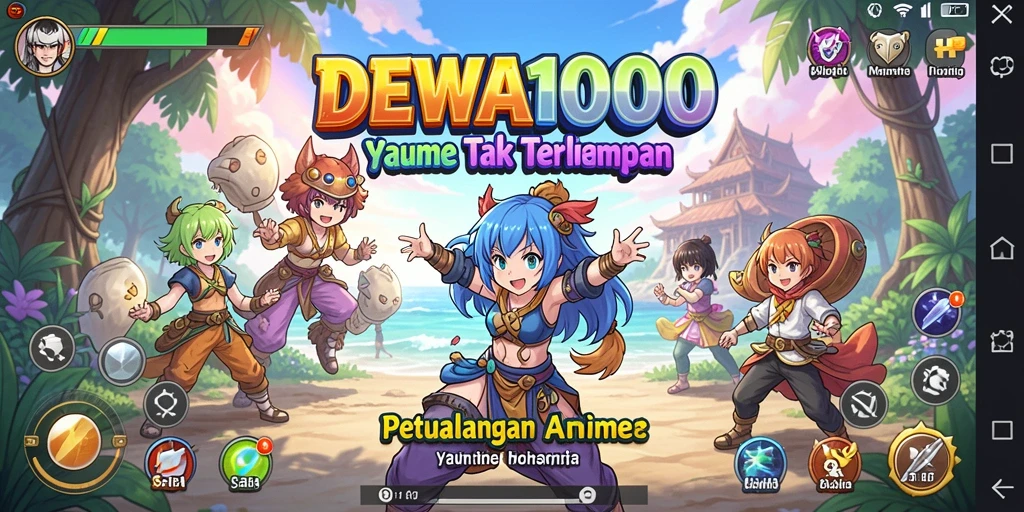 Tangkapan layar gameplay DEWA1000 menampilkan aksi seru dan karakter anime ikonik.