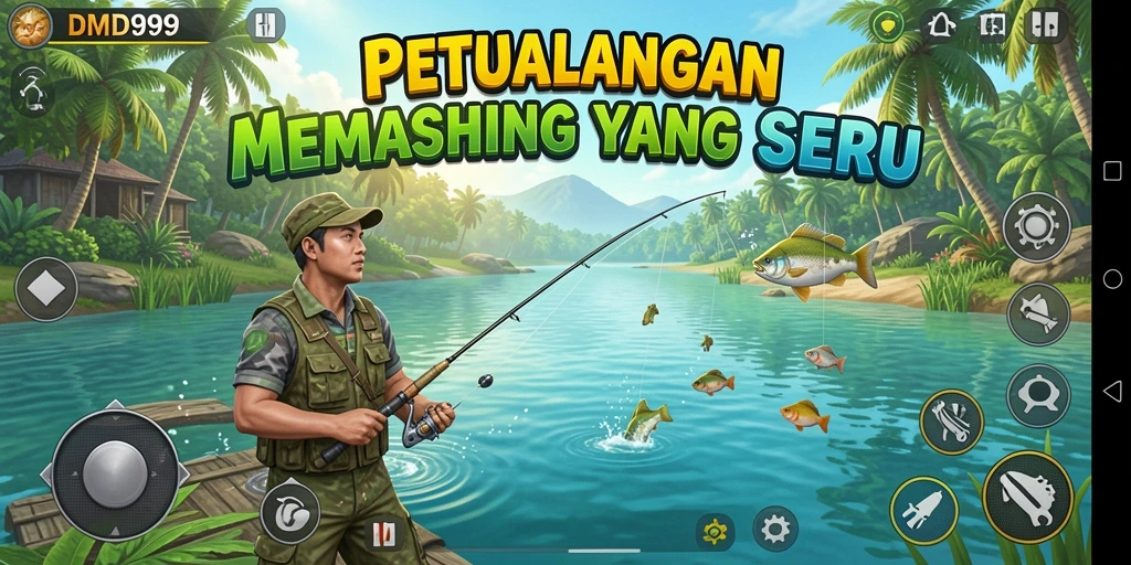 Screenshot gameplay DMD999 menunjukkan aksi memancing seru di lokasi yang indah.