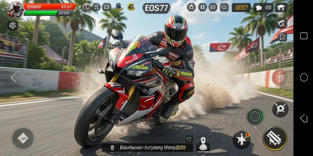 Screenshot gameplay EOS77 menunjukkan balapan motor yang intens.