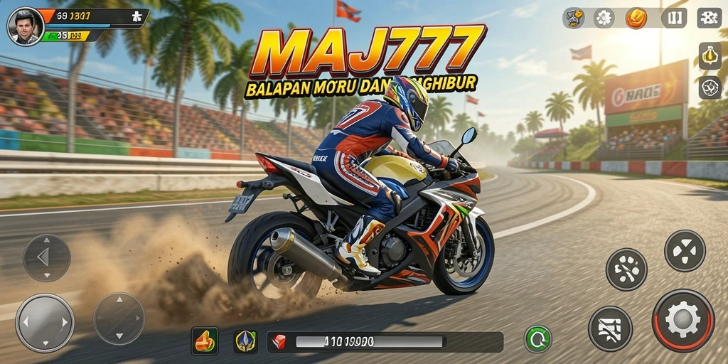 Tampilan gameplay seru di MAJ777 dengan balapan motor yang mendebarkan.