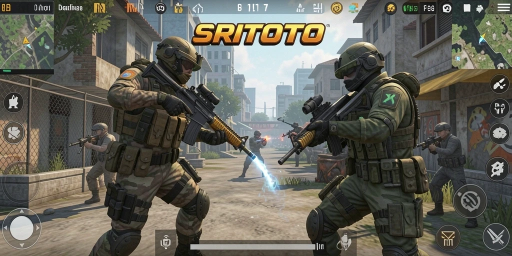 Tampilan gameplay menegangkan dari SRITOTO dengan aksi FPS yang seru.