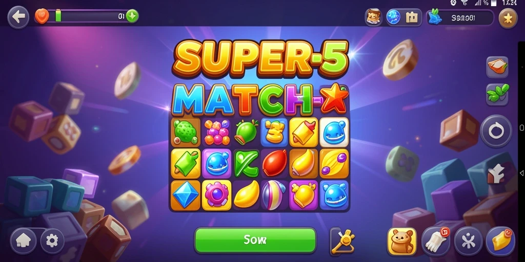 Gameplay SUPER5 menampilkan kombinasi permata berwarna-warni yang menarik.